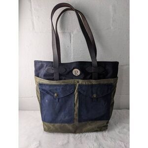 Filson Vintage Two Tone Tote Bag Canvas Green Navy w Pockets **Distressed Stains